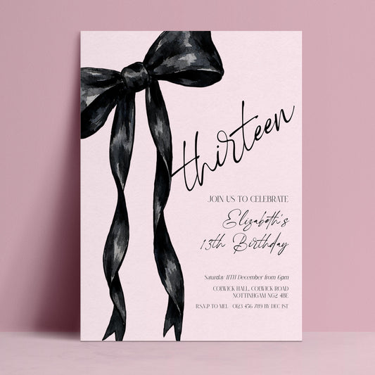 13th Birthday Invitation, Pink Bow Birthday Invite, Editable Thirteen Party Invite, Teen Girl Birthday Invitation, Corjl