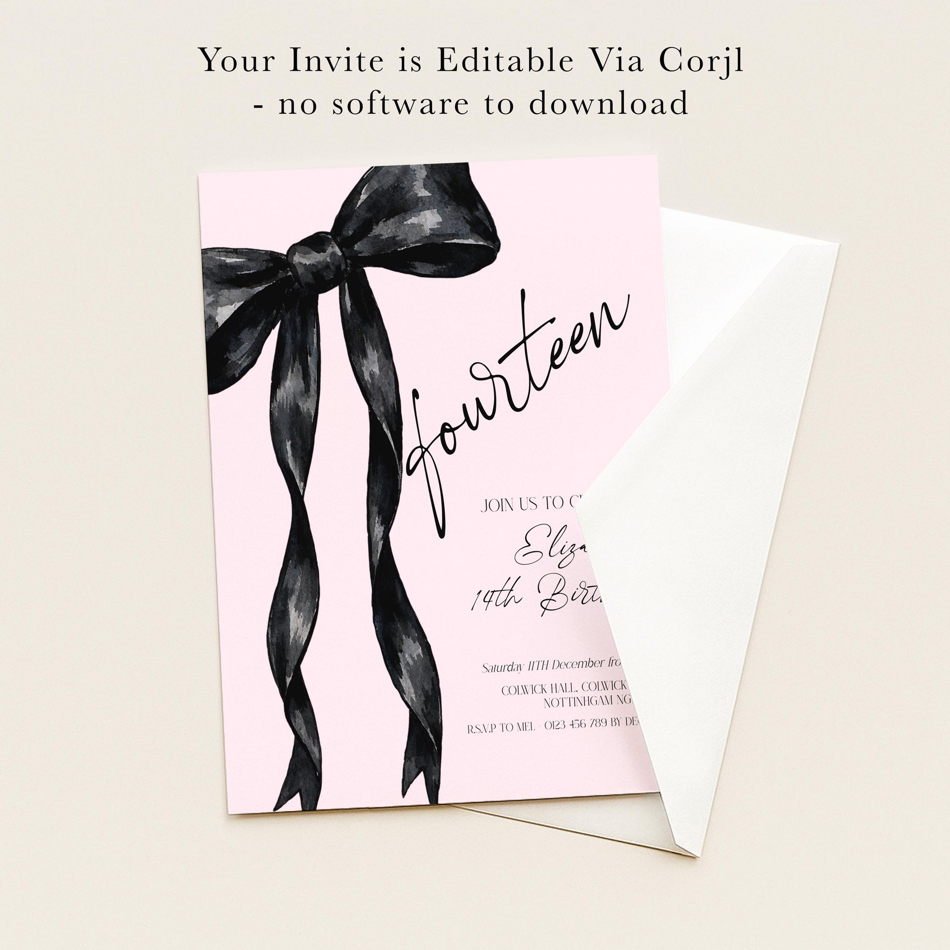 14th Birthday Invitation, Pink Bow Birthday Invite, Editable Fourteen Party Invite, Teen Girl Birthday Invitation, Corjl