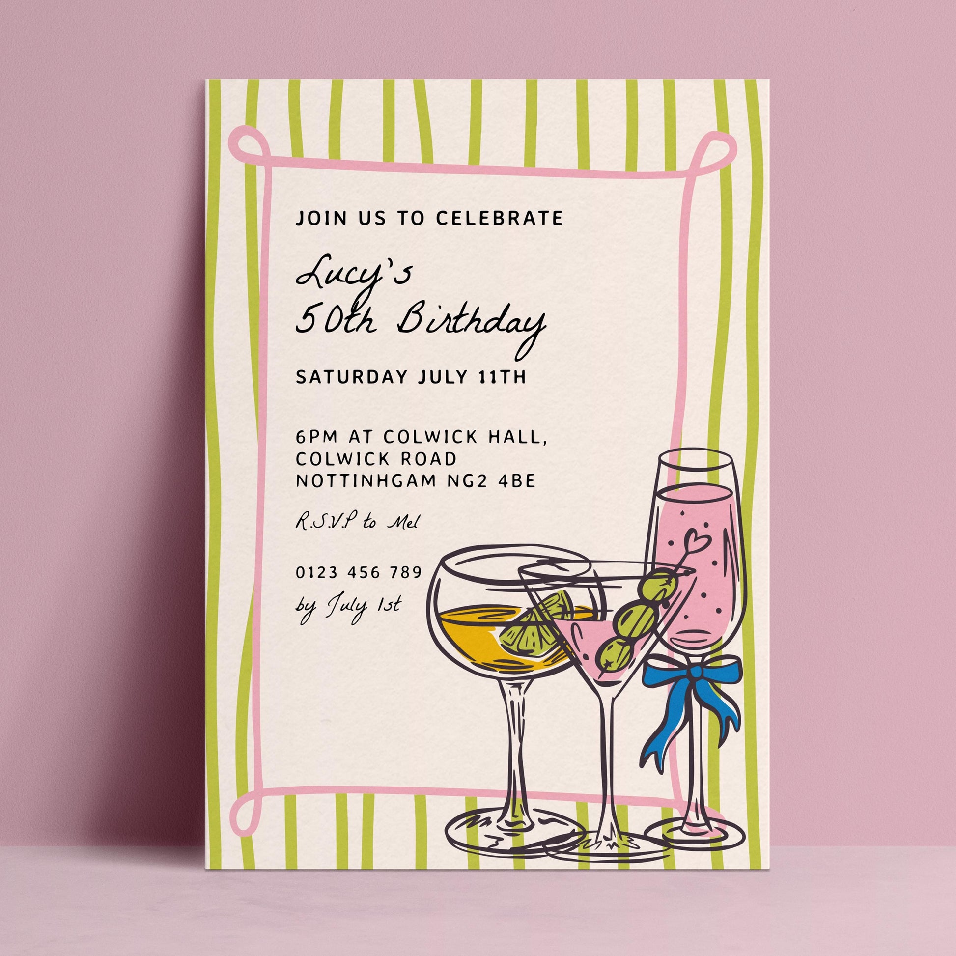 The image is a birthday invitation for Lucy's 50th birthday party.