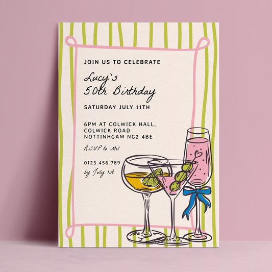 The image is a birthday invitation for Lucy's 50th birthday party.