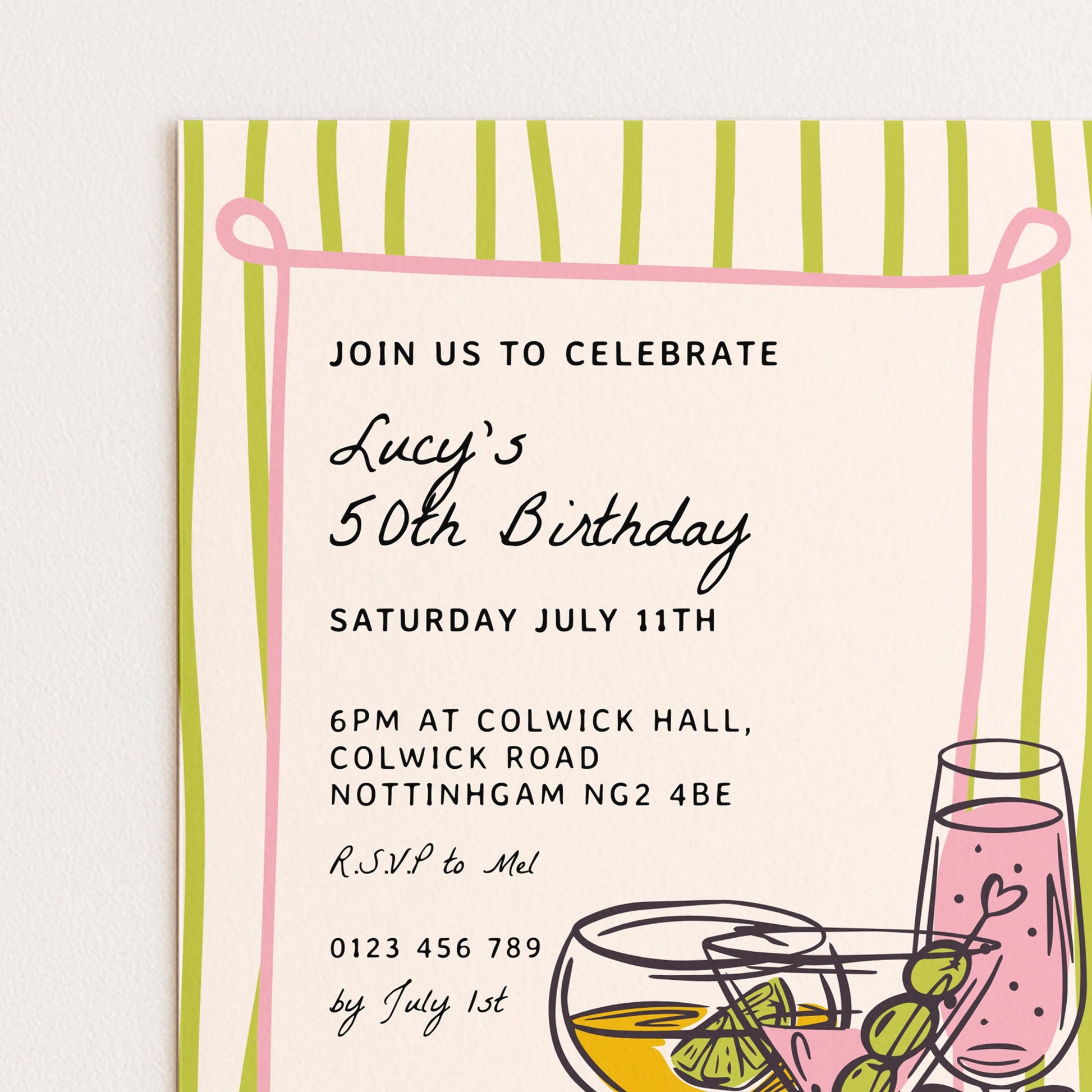 The image is a birthday invitation for Lucy's 50th birthday party.