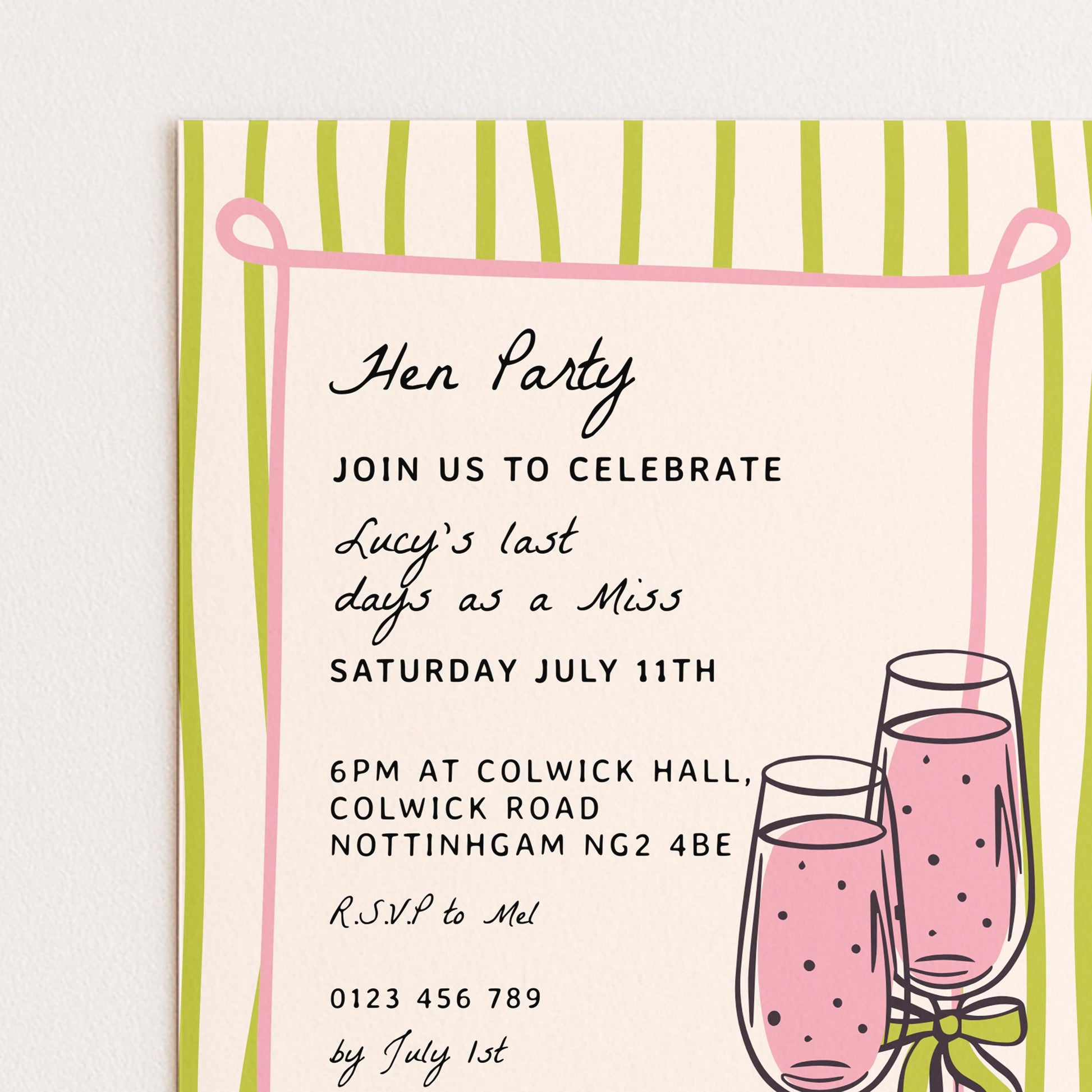 The image is a hen party invitation with a pink and green striped border, featuring a graphic of two champagne glasses with a bow.
