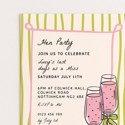 The image is a hen party invitation with a pink and green striped border, featuring a graphic of two champagne glasses with a bow.
