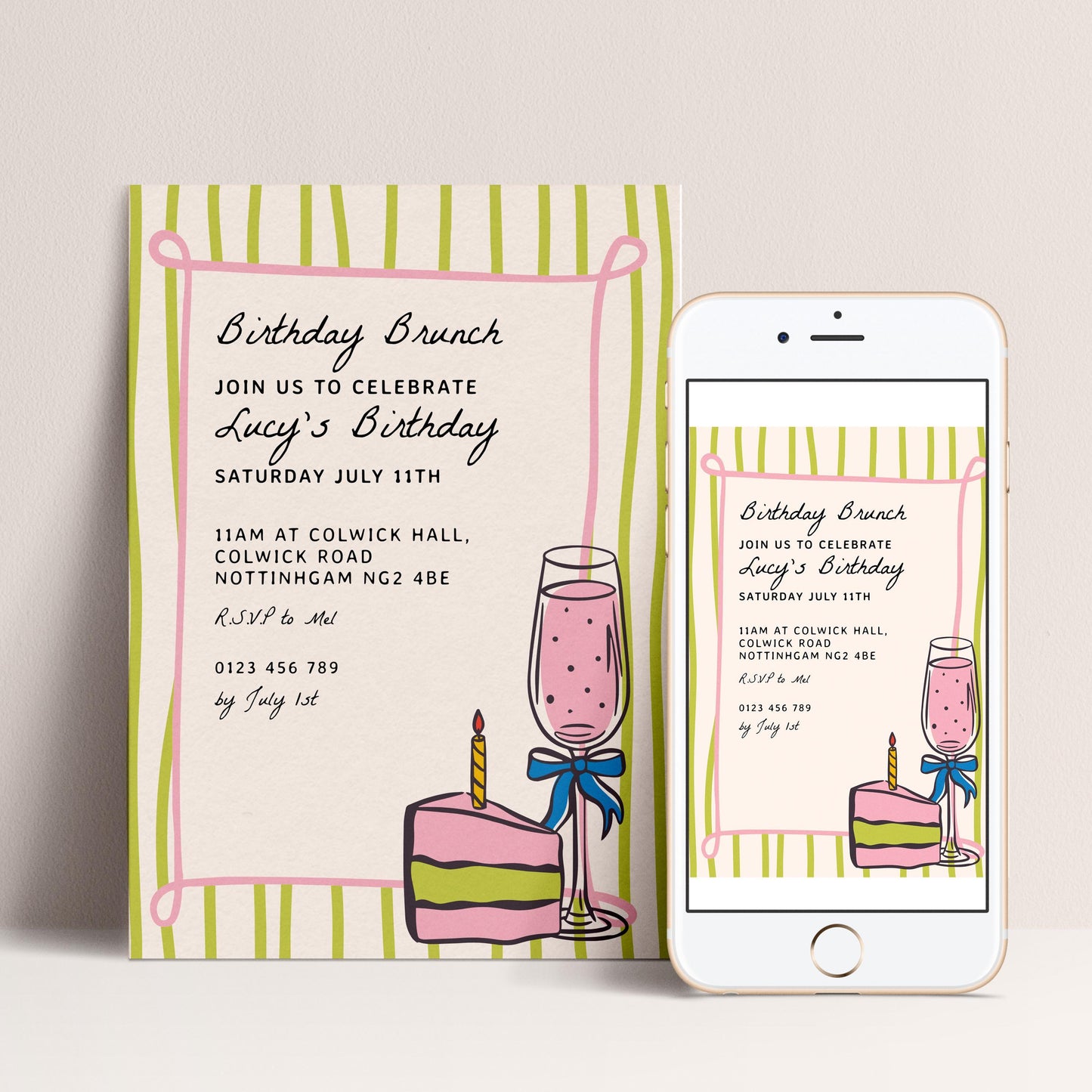 The image is a birthday invitation for Lucy's birthday celebration. It features a cake and a wine glass, along with the text inviting guests to join the celebration on Saturday, July 11th at 11am at Colwick Hall, located at NOTTINGGAM NG4BE. The invitation also includes the event details and contact information for the birthday party.