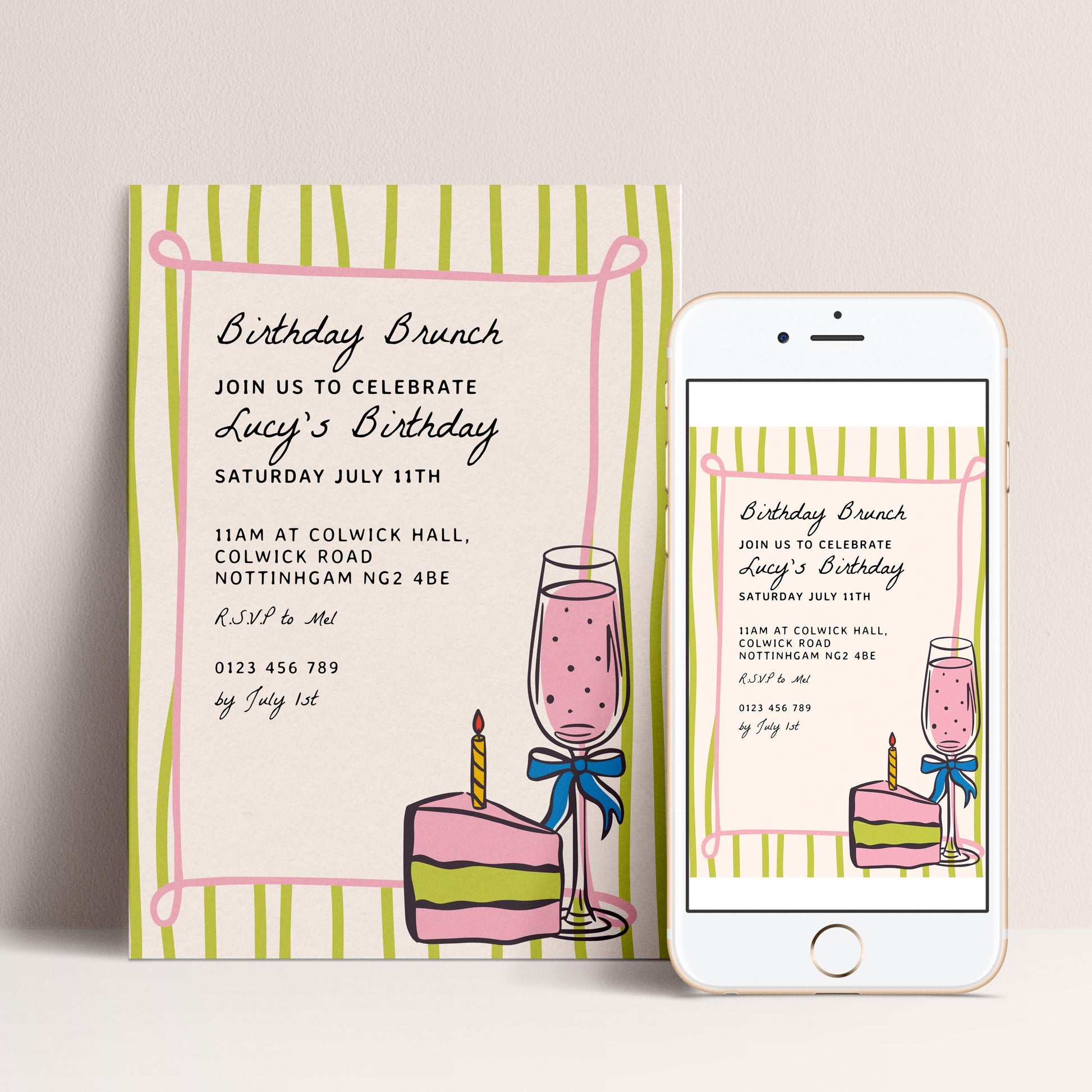 The image is a birthday invitation for Lucy's birthday celebration. It features a cake and a wine glass, along with the text inviting guests to join the celebration on Saturday, July 11th at 11am at Colwick Hall, located at NOTTINGGAM NG4BE. The invitation also includes the event details and contact information for the birthday party.