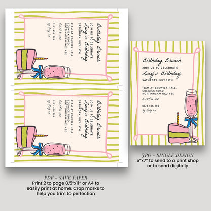 a birthday party invitation for Lucy's birthday celebration. It features a pink and yellow striped design with illustrations of a cake, champagne glasses, and a birthday cake. The invitation invites guests to join us to celebrate Lucy's birthday on Saturday, July 11th at Colworth Hall, located at 1150 Colworth Road, Newport, Rhode Island. The invitation also provides a contact number, Newport, Rhode Island, and a website, NewportRt.com, for further information.