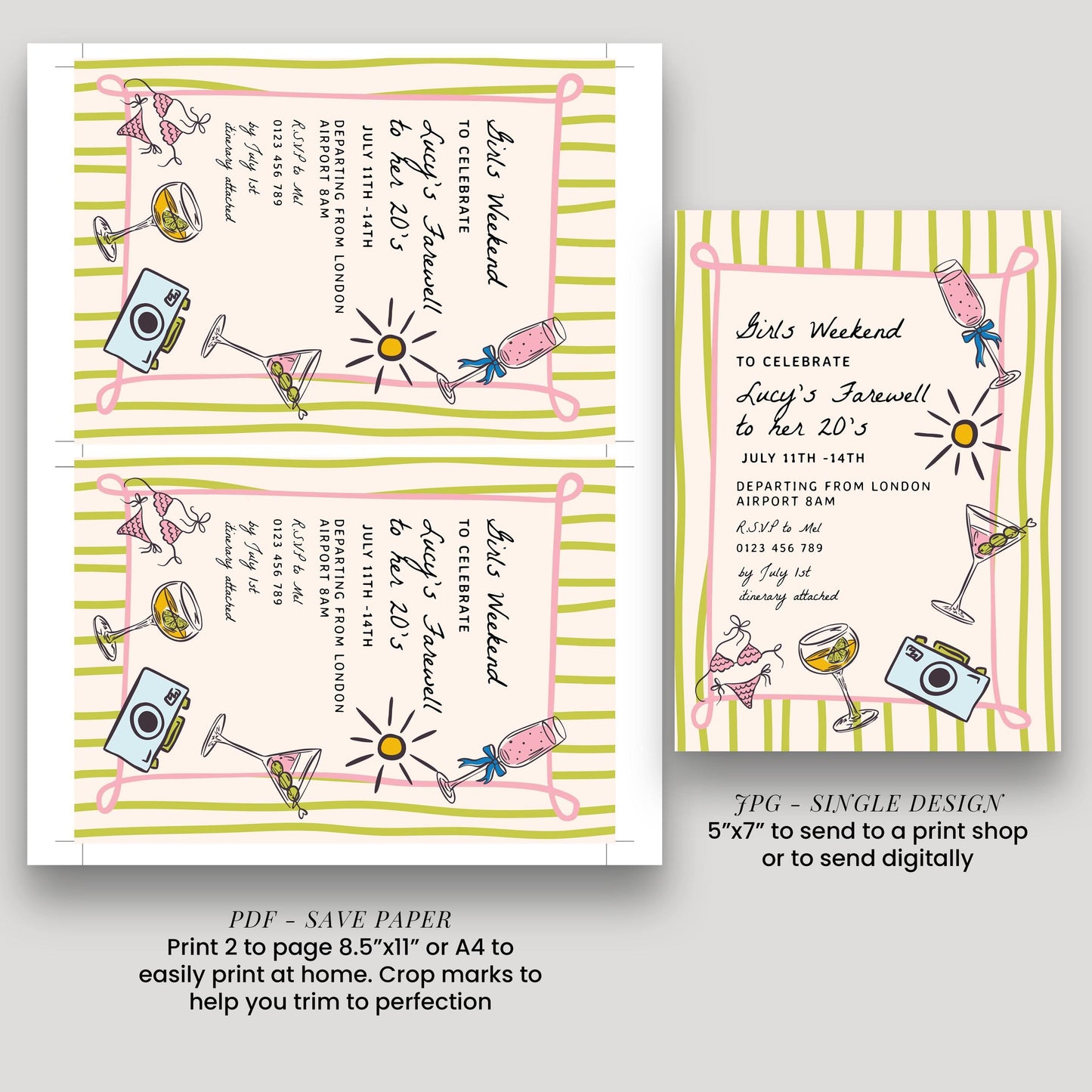 a collage of two different designs for a party invitation. The first design is a larger, full-page invitation with a pink and yellow striped background, featuring illustrations of cocktail glasses, a sun, and a camera. The second design is a smaller, single-page invitation with a pink and yellow striped background, featuring illustrations of cocktail glasses, a sun, and a camera. Both designs include text that invites guests to a party to celebrate Lucy's farewell to her 20th birthday.
