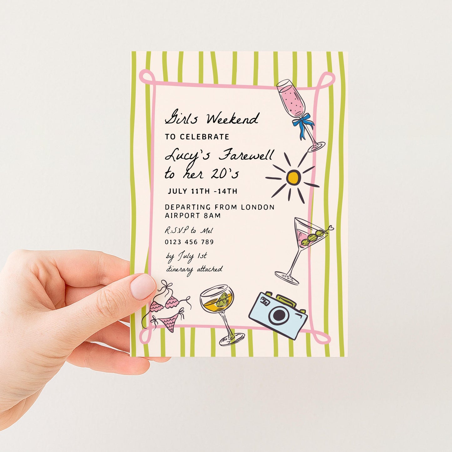 The image is a colorful invitation card for a girls' weekend to celebrate Lucy's farewell to her 20th birthday.