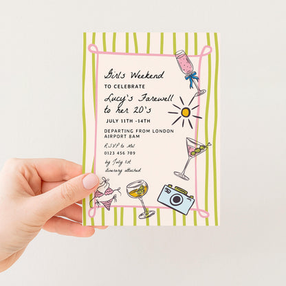 The image is a colorful invitation card for a girls' weekend to celebrate Lucy's farewell to her 20th birthday.