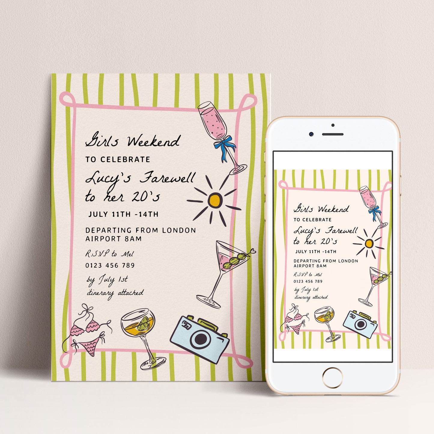 The image is a colorful invitation card for a girls' weekend celebration to honor Lucy's farewell to her 20th birthday.
