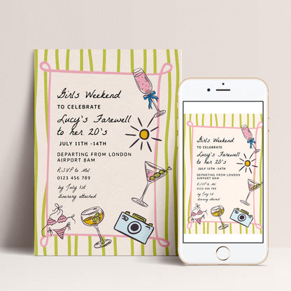 The image is a colorful invitation card for a girls' weekend celebration to honor Lucy's farewell to her 20th birthday.