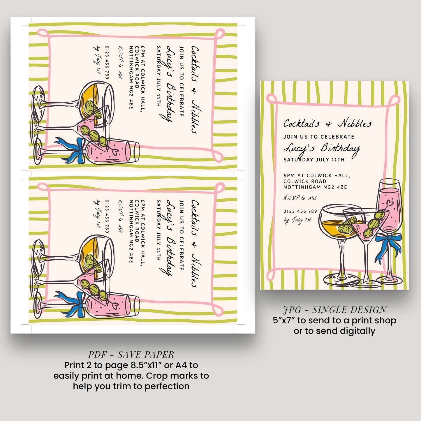 a set of three cocktail party invitation designs, each featuring colorful illustrations of wine glasses and various drinks. The invitations are designed to be printed on paper, with a focus on the visual appeal and the celebratory nature of the event.