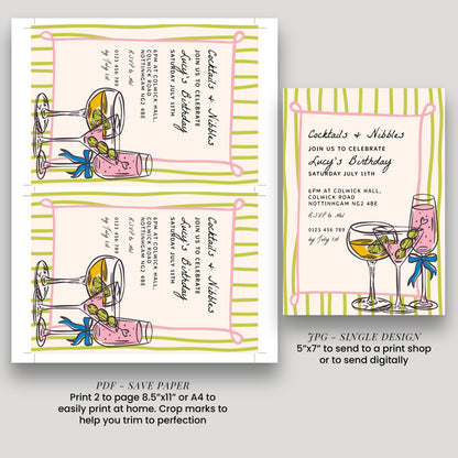 a set of three cocktail party invitation designs, each featuring colorful illustrations of wine glasses and various drinks. The invitations are designed to be printed on paper, with a focus on the visual appeal and the celebratory nature of the event.
