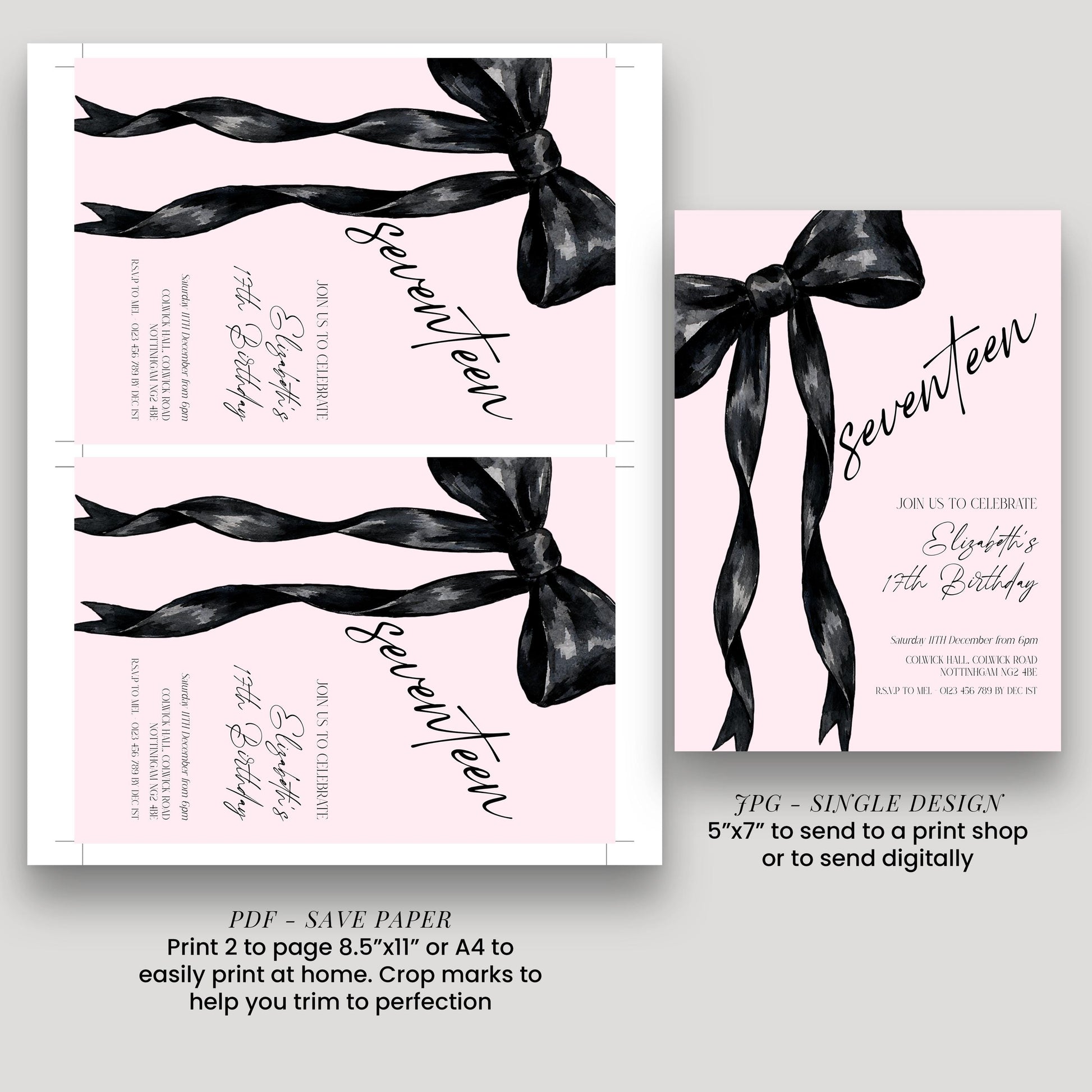 17th Birthday Invitation Template, Seventeen Birthday Party Invite, Black Bow Editable Corjl Invitation