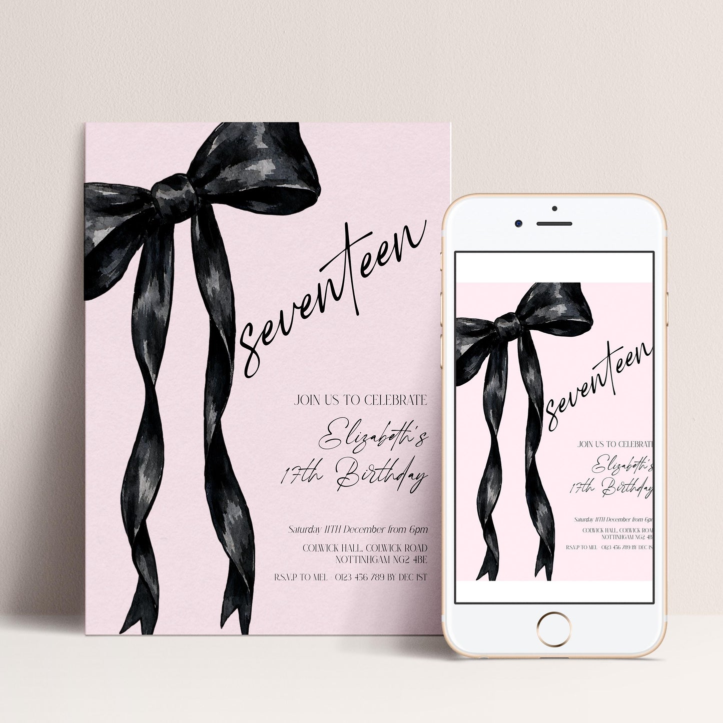 17th Birthday Invitation Template, Seventeen Birthday Party Invite, Black Bow Editable Corjl Invitation