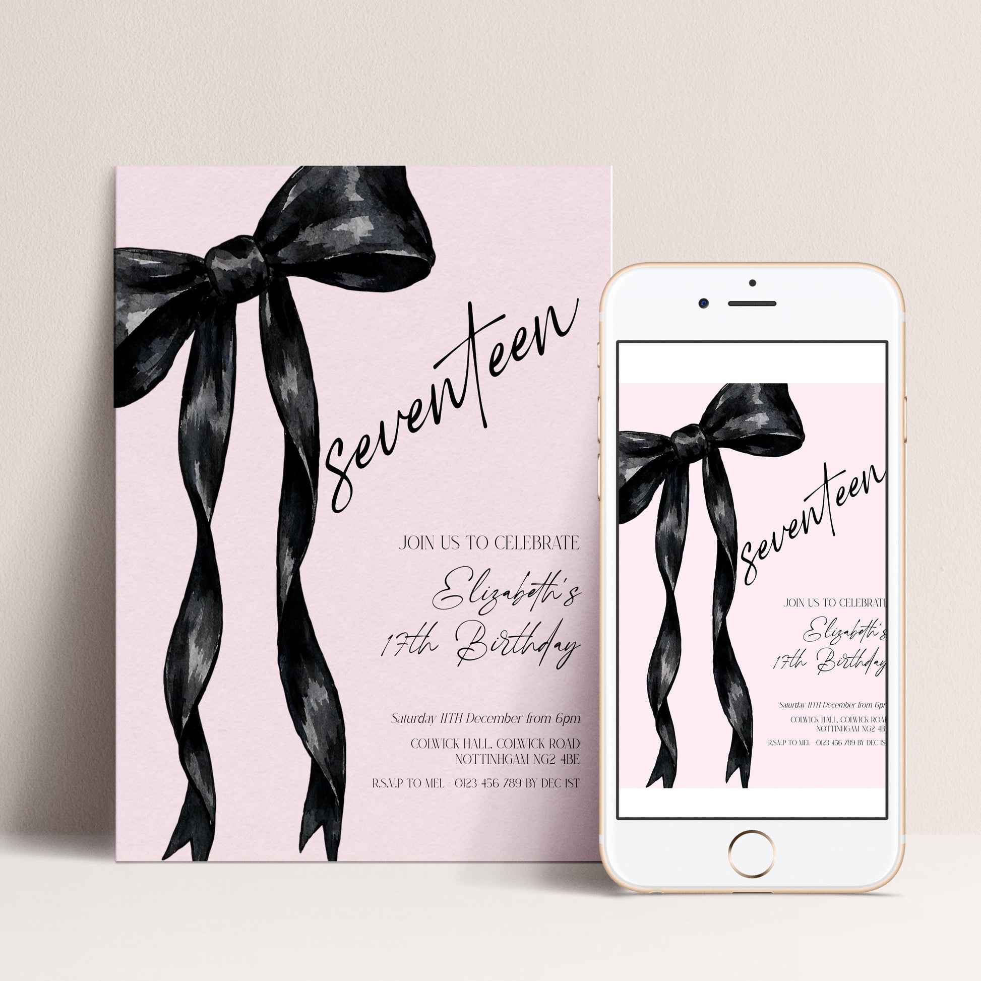 17th Birthday Invitation Template, Seventeen Birthday Party Invite, Black Bow Editable Corjl Invitation