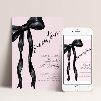 17th Birthday Invitation Template, Seventeen Birthday Party Invite, Black Bow Editable Corjl Invitation