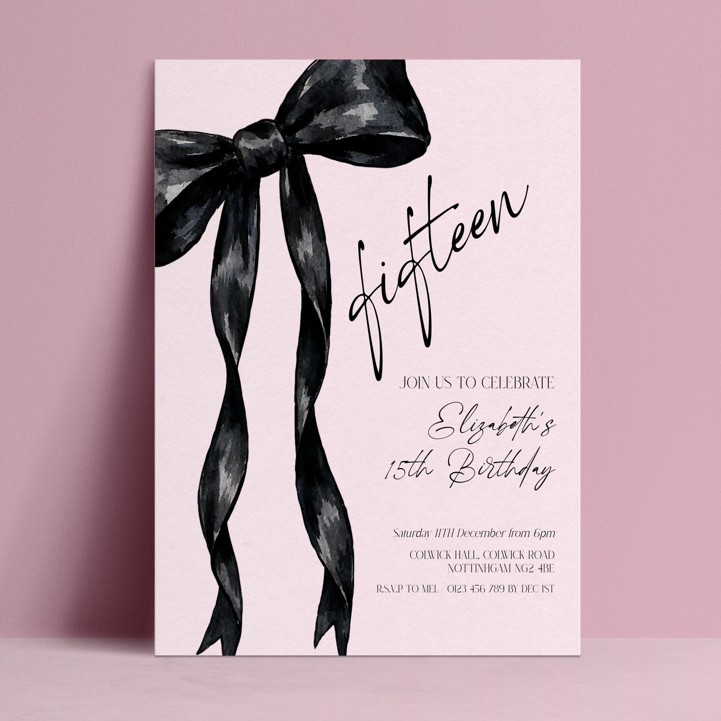 The image is a pink invitation card for a fifteen-year-old birthday celebration.