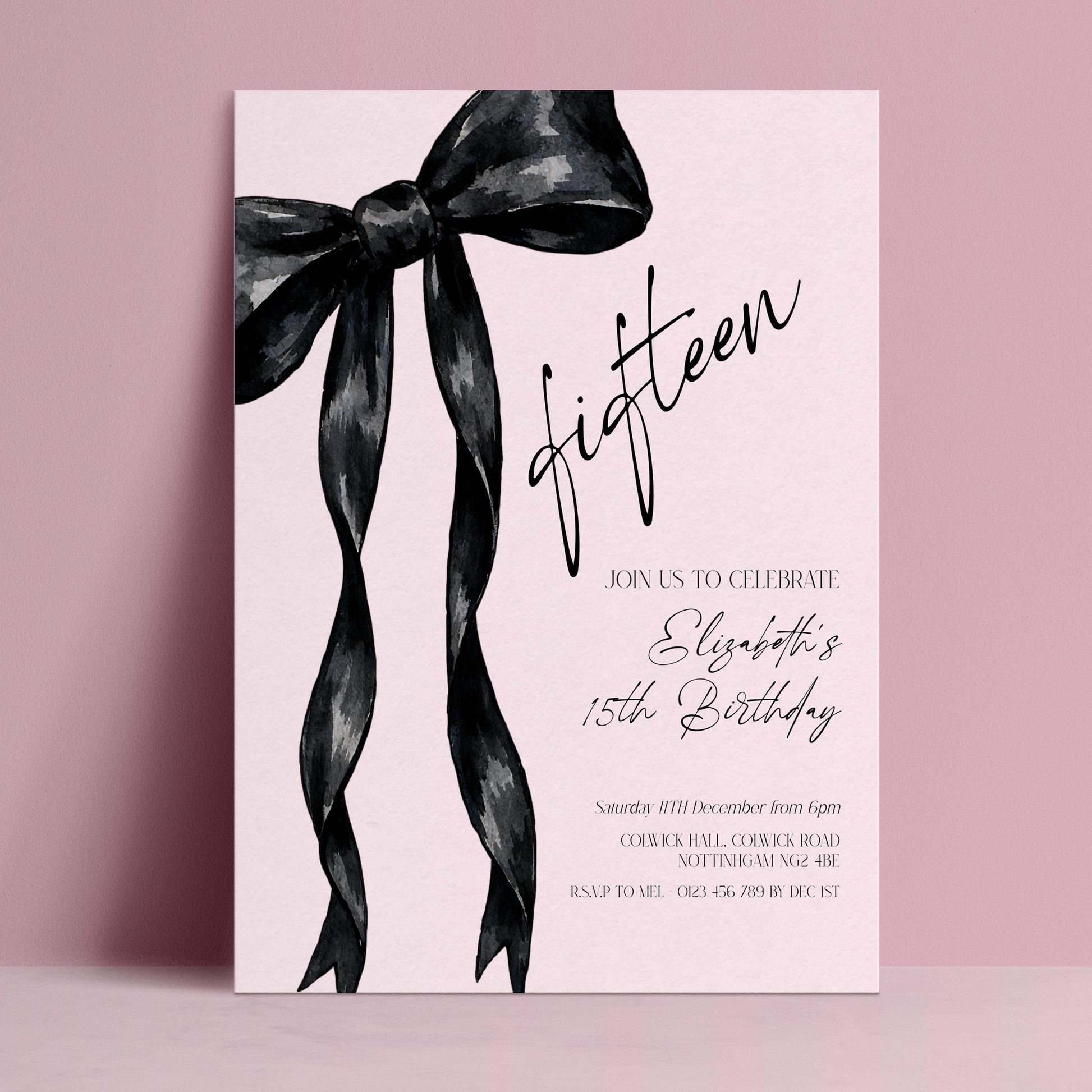 The image is a pink invitation card for a fifteen-year-old birthday celebration.