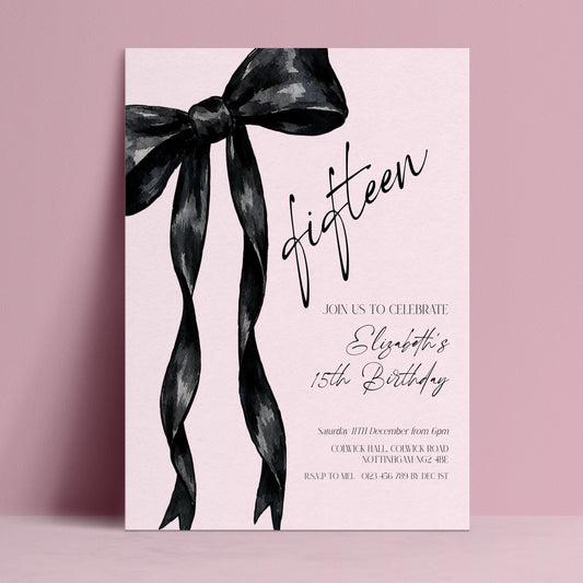 The image is a pink invitation card for a fifteen-year-old birthday celebration.
