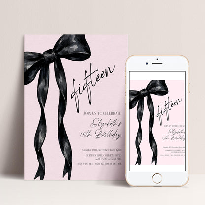 The image is a birthday invitation for Elizabeth's 15th birthday, featuring a pink background with black ribbons and text.