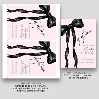 a pink invitation card with black ribbons, and it is a single design invitation for a 15th birthday celebration.