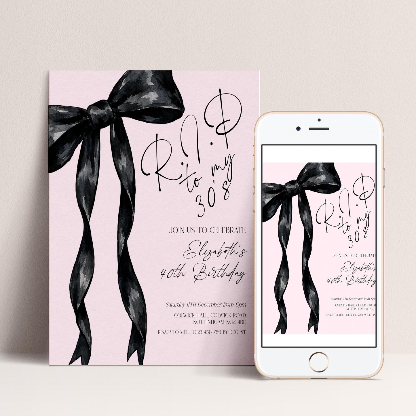 a birthday invitation featuring a pink background with black ribbons and text.