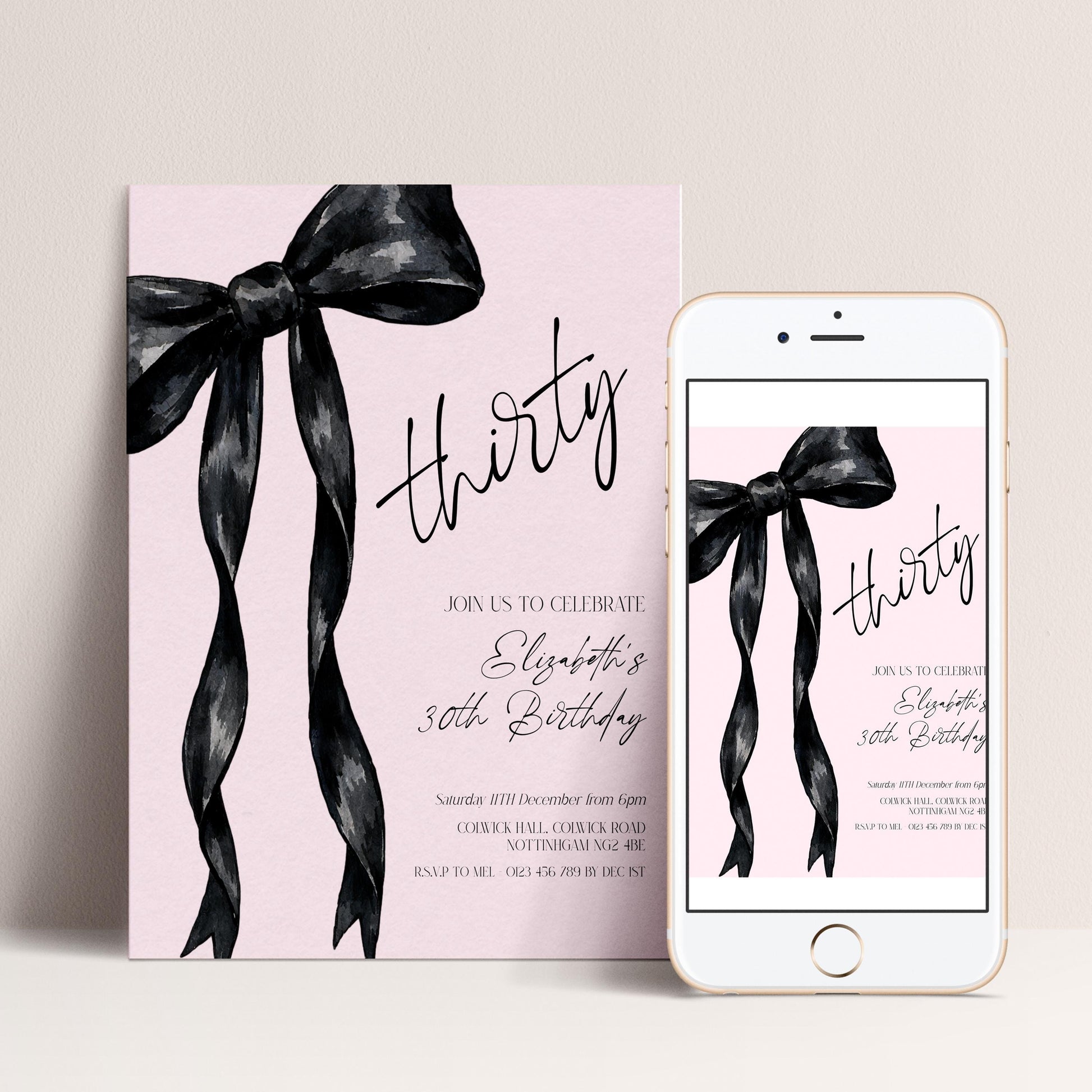 The image is a birthday invitation for a 30th birthday celebration, featuring a pink background with black ribbons and text.