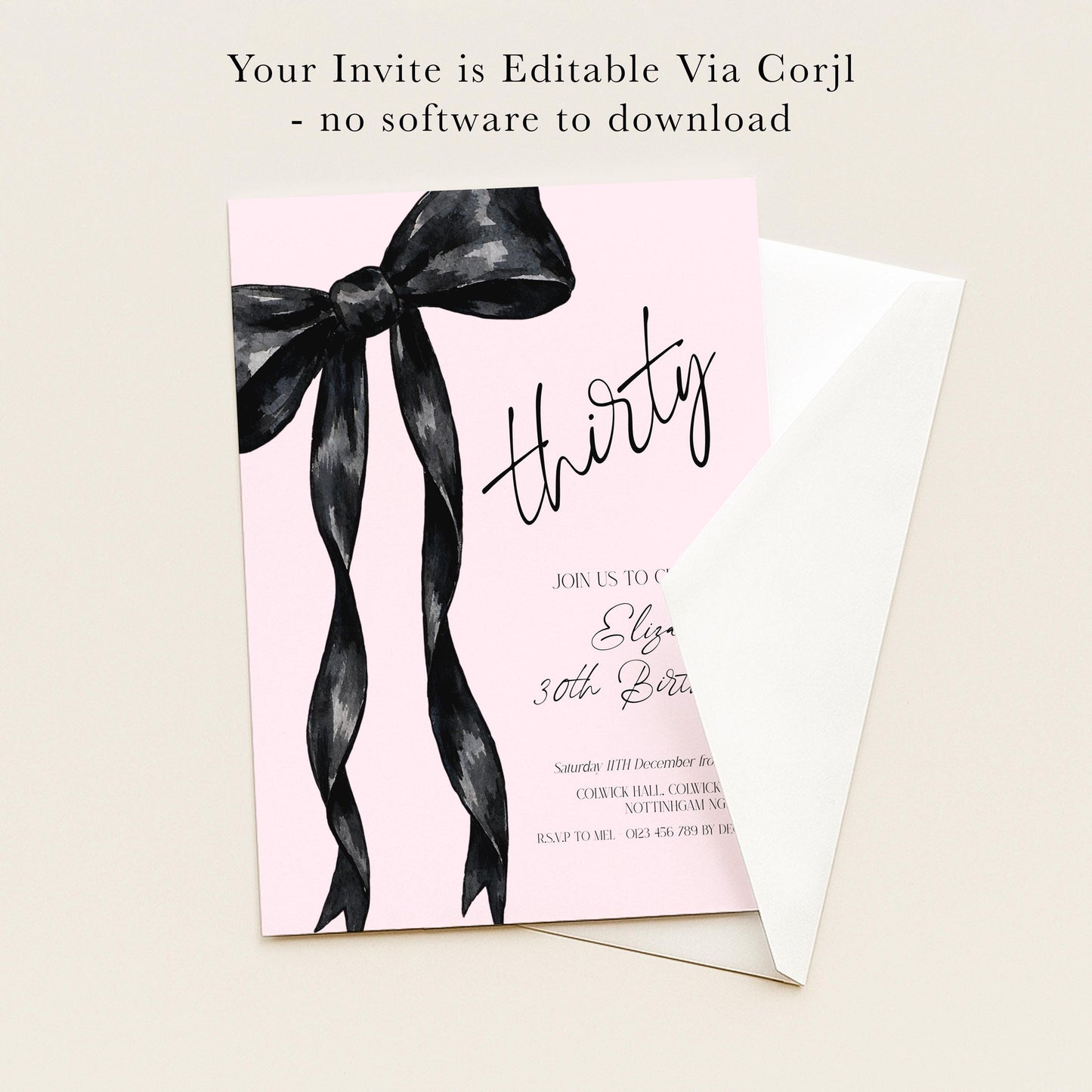 The image is a pink invitation card with a black bow on it, inviting guests to a thirty-third birthday celebration.