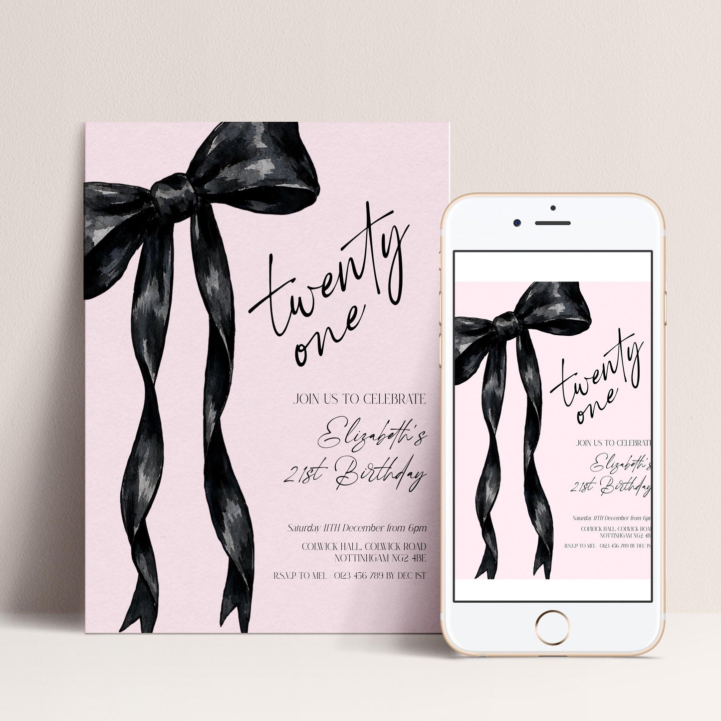 The image is a birthday invitation for a twenty-one celebration, featuring a pink background with black ribbons and text.