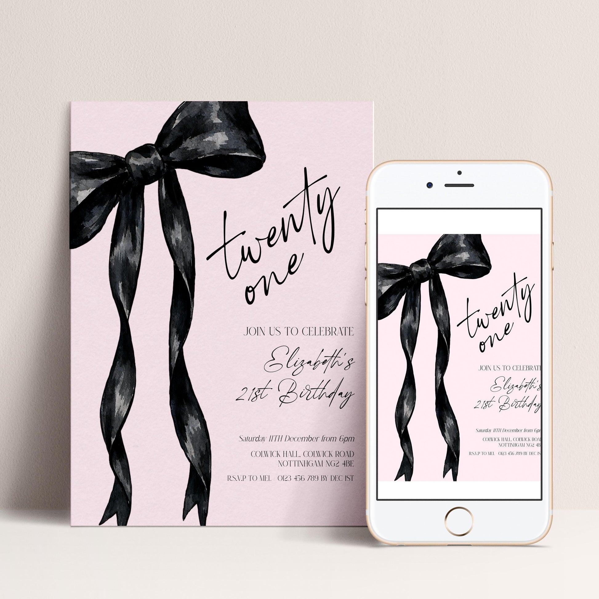 The image is a birthday invitation for a twenty-one celebration, featuring a pink background with black ribbons and text.