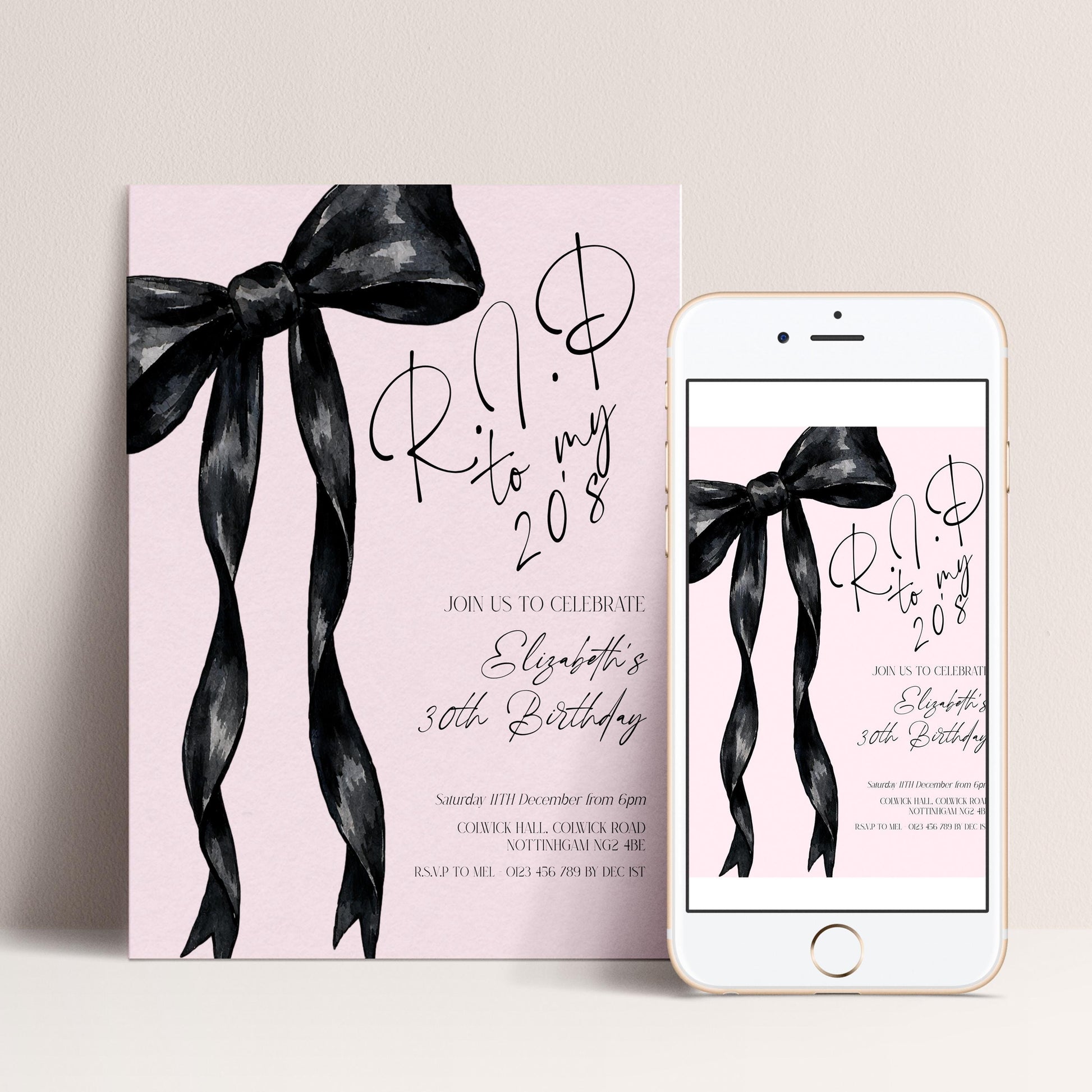 a birthday invitation with a pink background and black ribbons. The invitation invites guests to a birthday celebration for someone named Eliza, celebrating her 30th birthday.