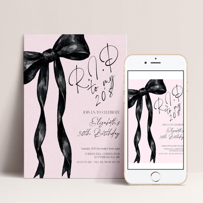a birthday invitation with a pink background and black ribbons. The invitation invites guests to a birthday celebration for someone named Eliza, celebrating her 30th birthday.