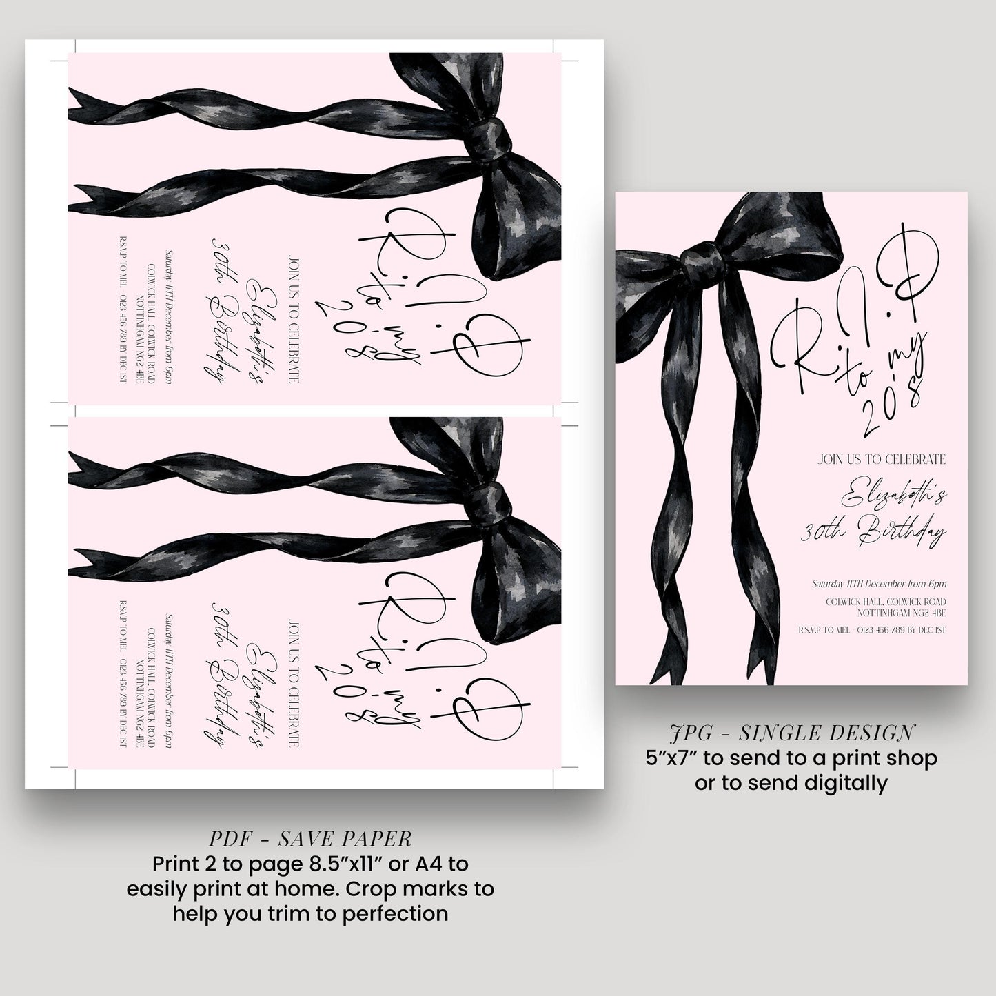 a pink invitation card with black ribbons and text, along with instructions for printing and sending the design.