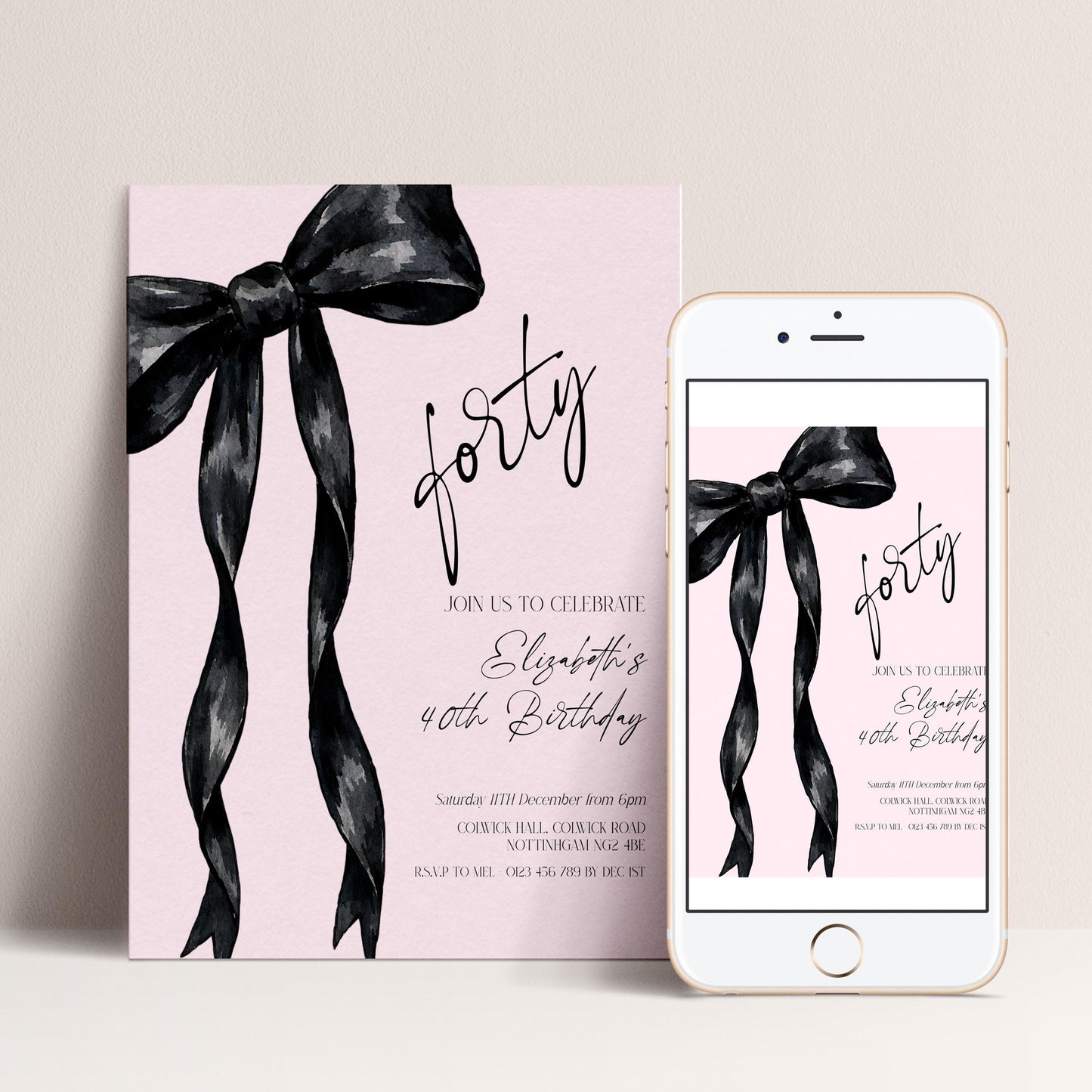 a pink invitation card with a black ribbon design, and a smartphone displaying a similar design on its screen.