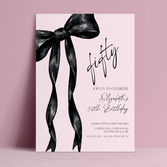 The image is a pink invitation card for a 50th birthday celebration.