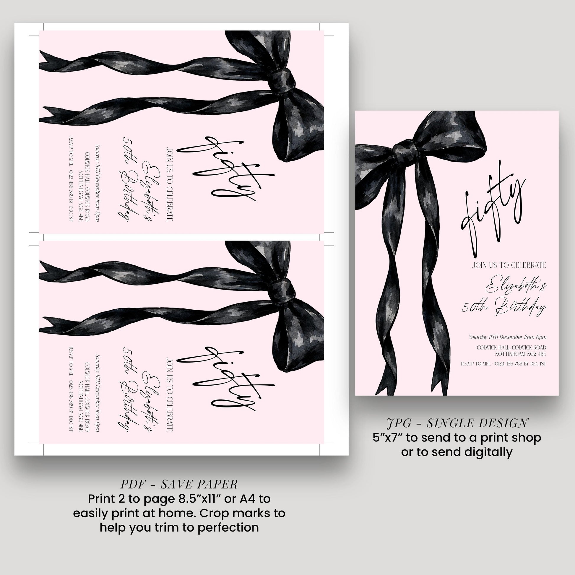 a pink invitation card with black ribbons, and it is a single design invitation for a 50th birthday celebration.