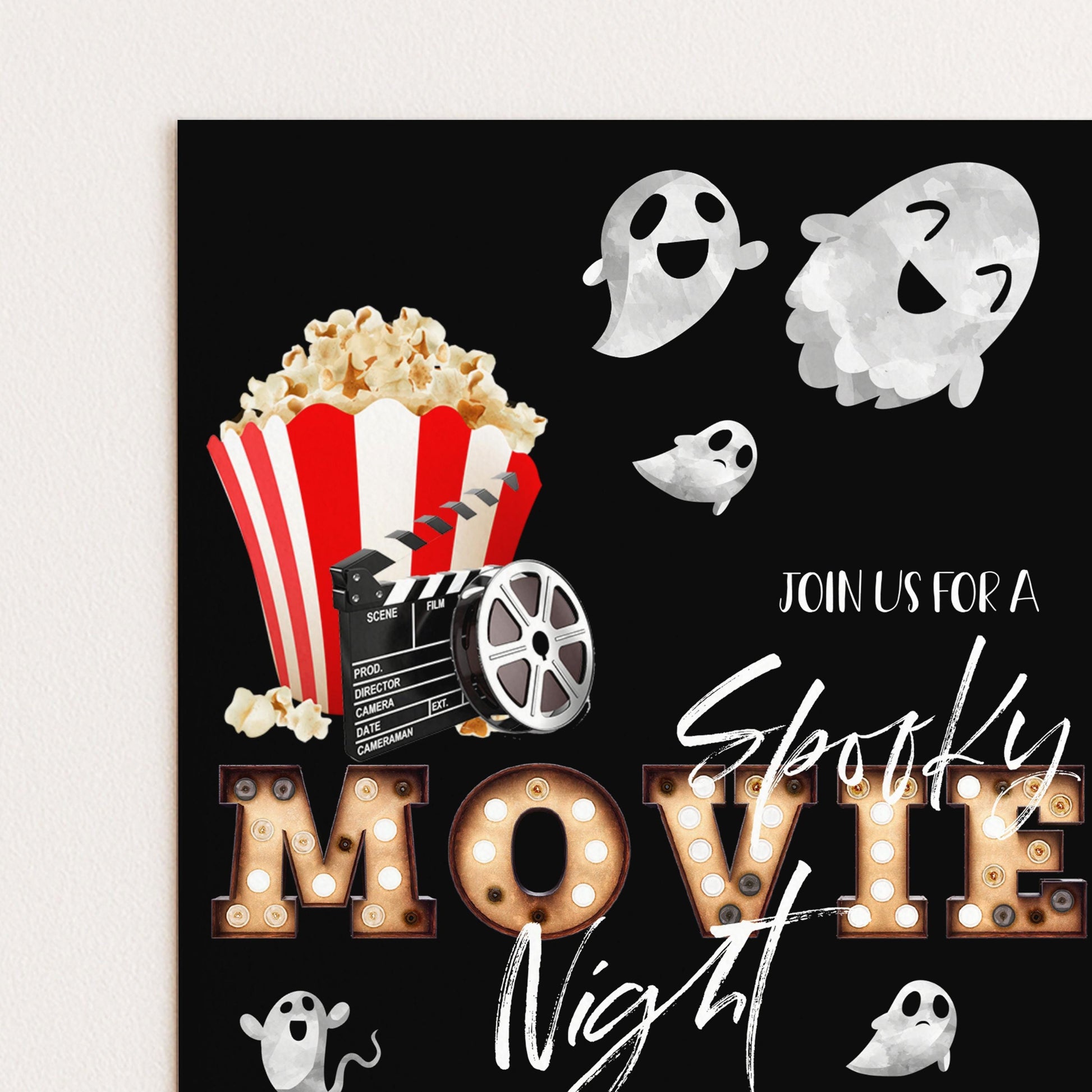 The image is a poster for a "Spooky Movie Night" event, featuring various Halloween-themed elements such as popcorn, a film clapperboard, and ghostly figures.