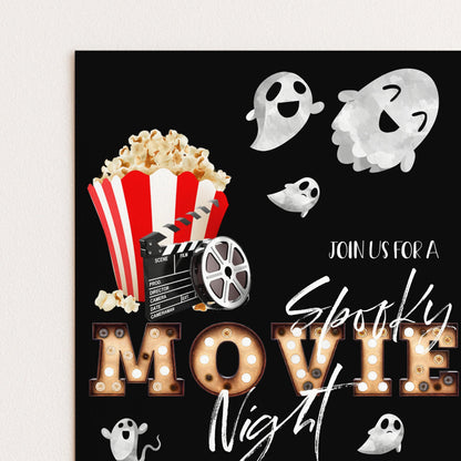The image is a poster for a "Spooky Movie Night" event, featuring various Halloween-themed elements such as popcorn, a film clapperboard, and ghostly figures.