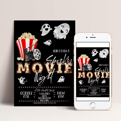 The image is a poster and a mobile phone screen for a "Spooky Movie Night" event. The poster features a black background with white text and images, including a popcorn bucket, a film reel, and ghostly figures. The mobile phone screen displays the same event details in a more compact format, with the text "JOIN US FOR A Spooky Movie Night" and additional event information such as the date, time, location, and additional details.