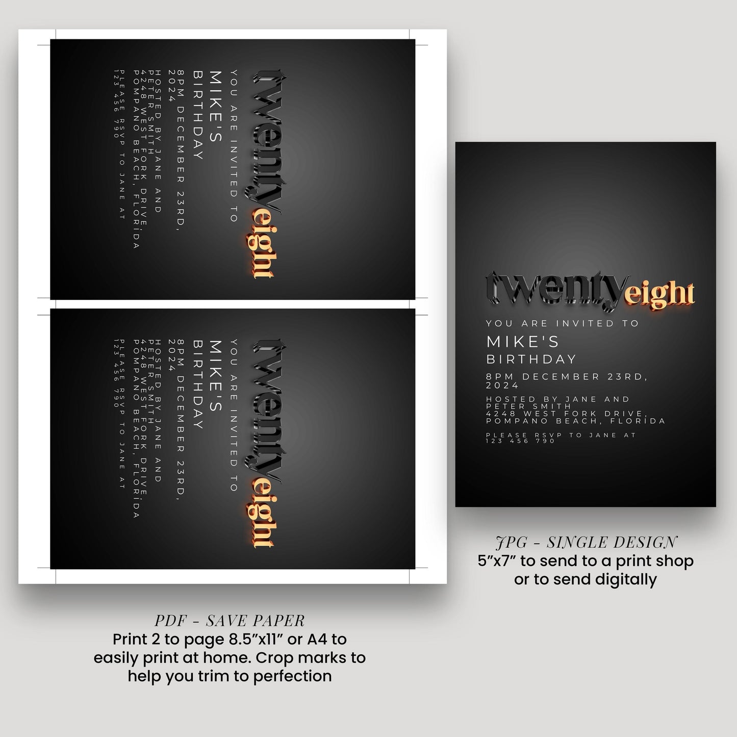 The image is a birthday invitation for Mike's birthday party, which is scheduled for December 23rd, 2008. The invitation is printed in black and orange colors and includes details about the party, such as the date, time, location, and the names of the hosts.