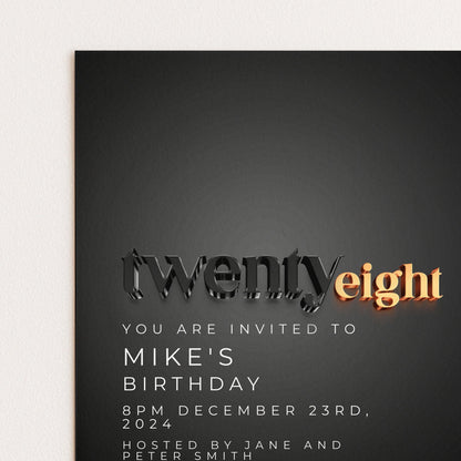 The image is a birthday invitation for Mike's twenty-eight birthday party.