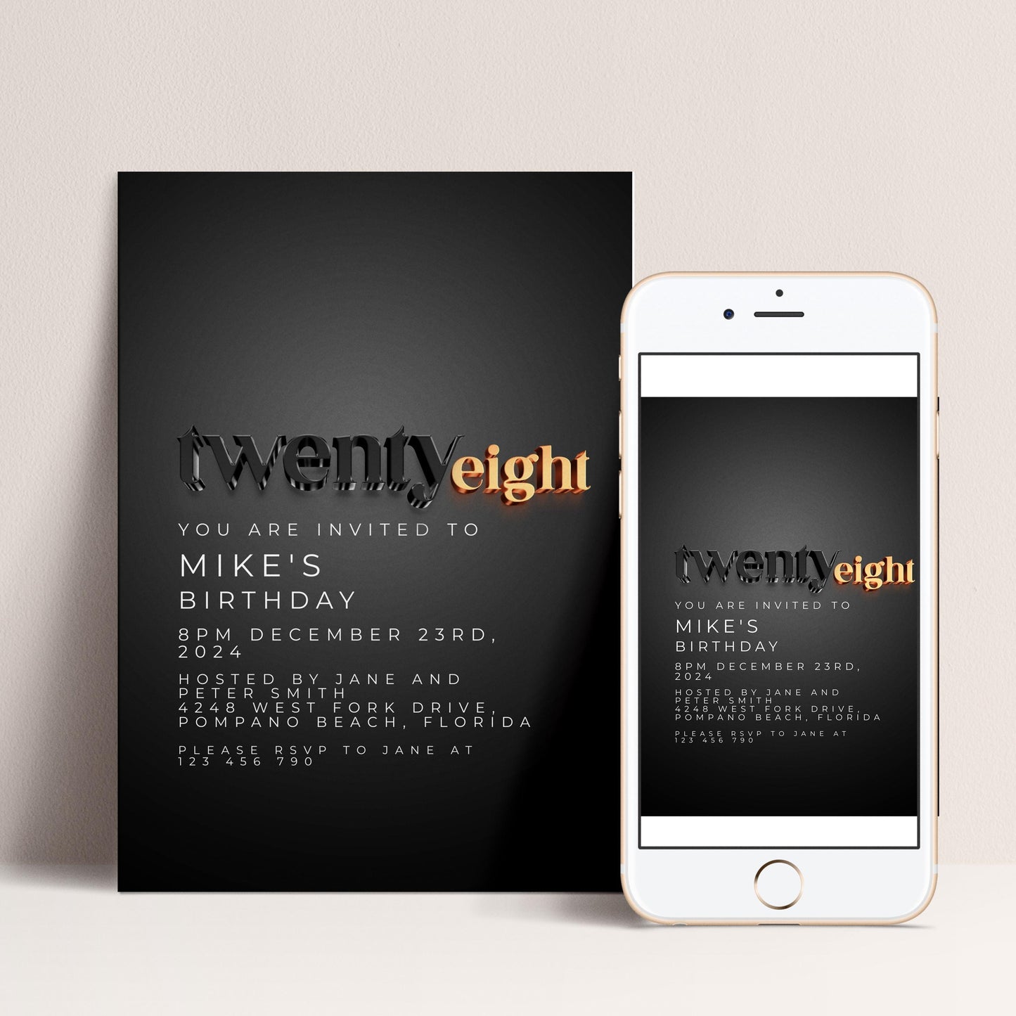 The image is a birthday invitation for Mike's twenty-eighth birthday, which is hosted by Jane and Peter Smith on December 23rd, 2020, at Pompano Beach, Florida. The invitation is for Mike's birthday party, and it is available for viewing on a smartphone.