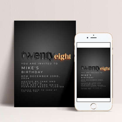 The image is a birthday invitation for Mike's twenty-eighth birthday, which is hosted by Jane and Peter Smith on December 23rd, 2020, at Pompano Beach, Florida. The invitation is for Mike's birthday party, and it is available for viewing on a smartphone.