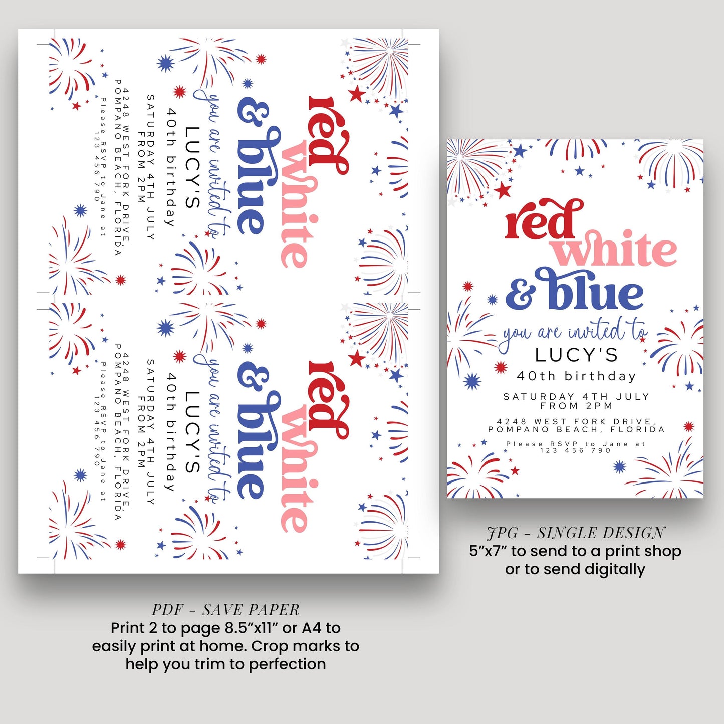 4th Of July Birthday Invitation, Editable Red White Blue Party Invite, Fireworks Digital Download, Printable Template, 40th