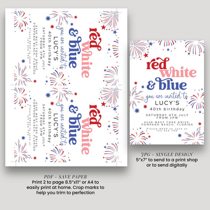 4th Of July Birthday Invitation, Editable Red White Blue Party Invite, Fireworks Digital Download, Printable Template, 40th
