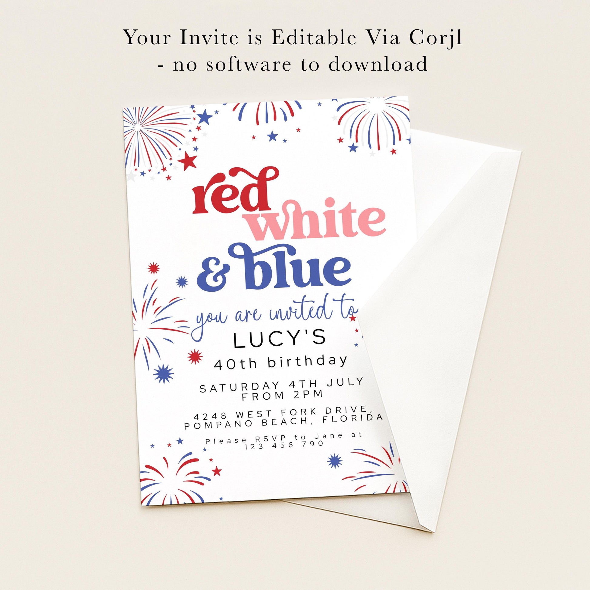 4th Of July Birthday Invitation, Editable Red White Blue Party Invite, Fireworks Digital Download, Printable Template, 40th