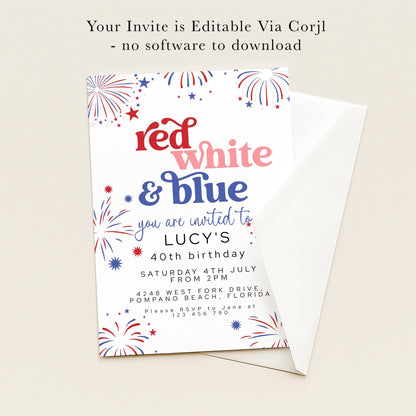 4th Of July Birthday Invitation, Editable Red White Blue Party Invite, Fireworks Digital Download, Printable Template, 40th