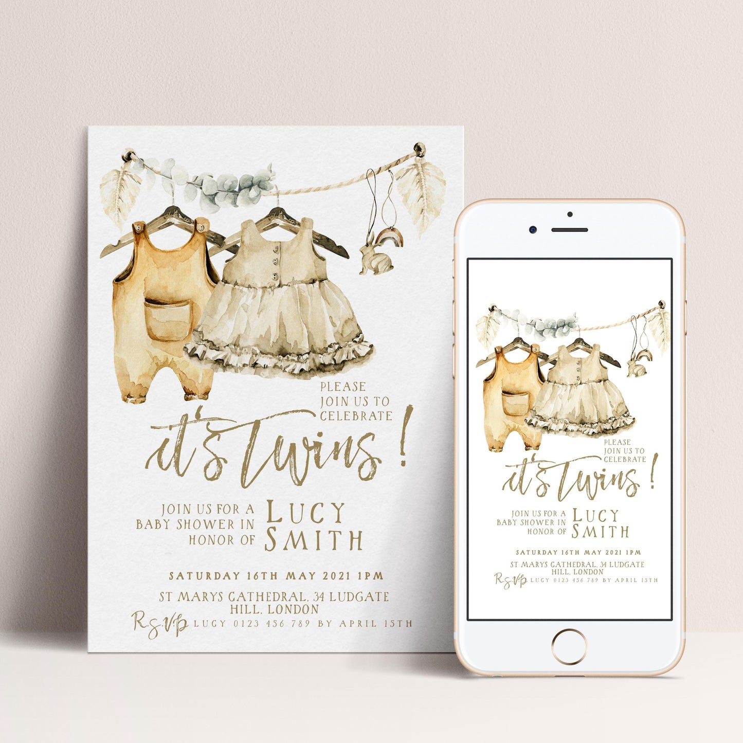 The image is a baby shower invitation featuring two baby outfits hanging on a rope, along with text inviting guests to a baby shower in honor of Lucy Smith.
