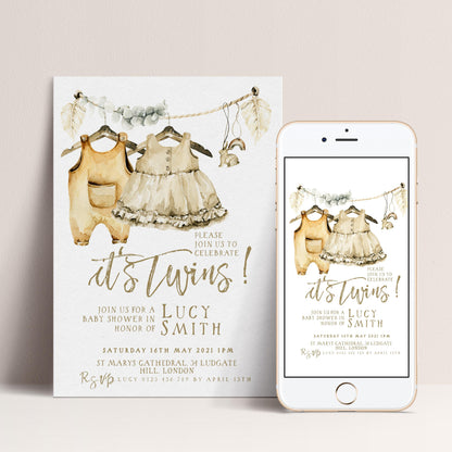 The image is a baby shower invitation featuring two baby outfits hanging on a rope, along with text inviting guests to a baby shower in honor of Lucy Smith.